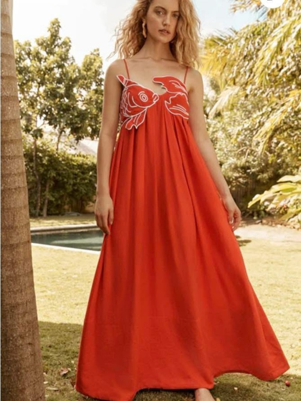 FARM Rio Red Maxi Dress with White Fish Appliqué